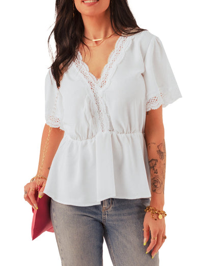 Lace Trimmed Short Sleeve Blouse