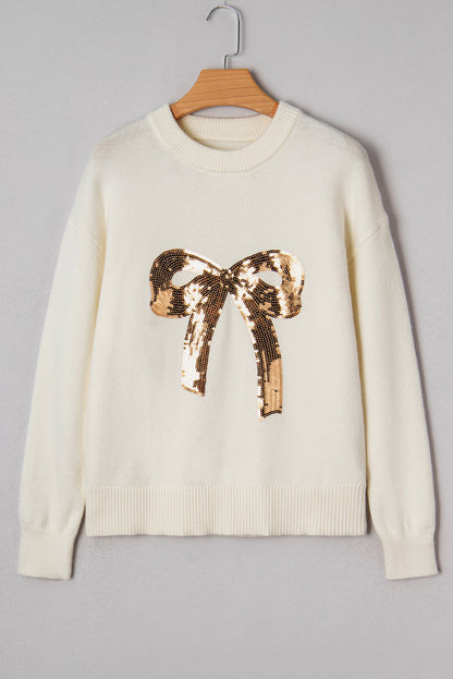 Christmas Sequin Bow Ribbed Trim Sweater