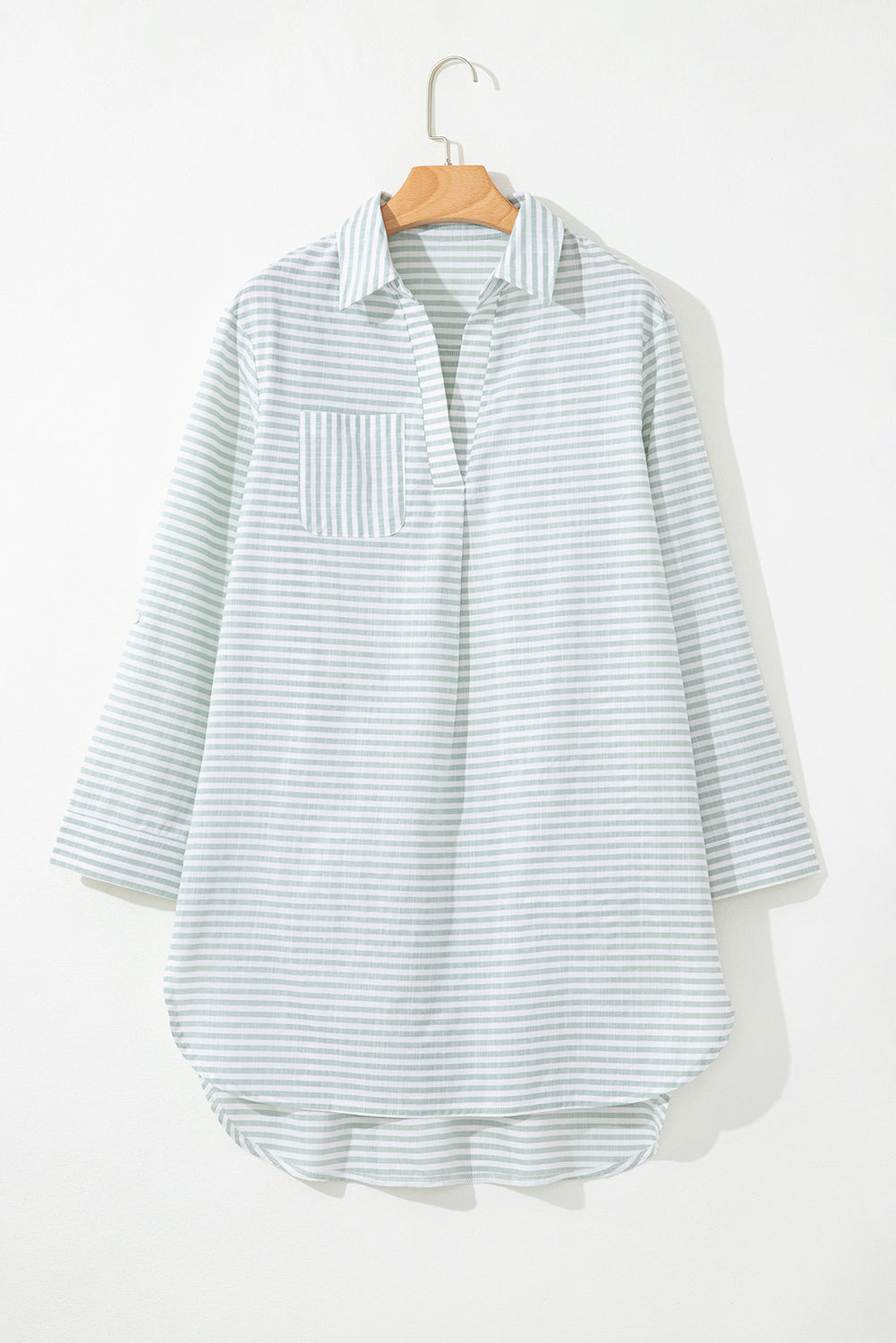 Stripe Collared V-Neck Chest Pocket Swim Cover Up