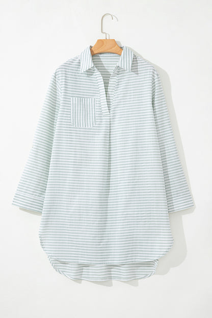 Stripe Collared V-Neck Chest Pocket Swim Cover Up