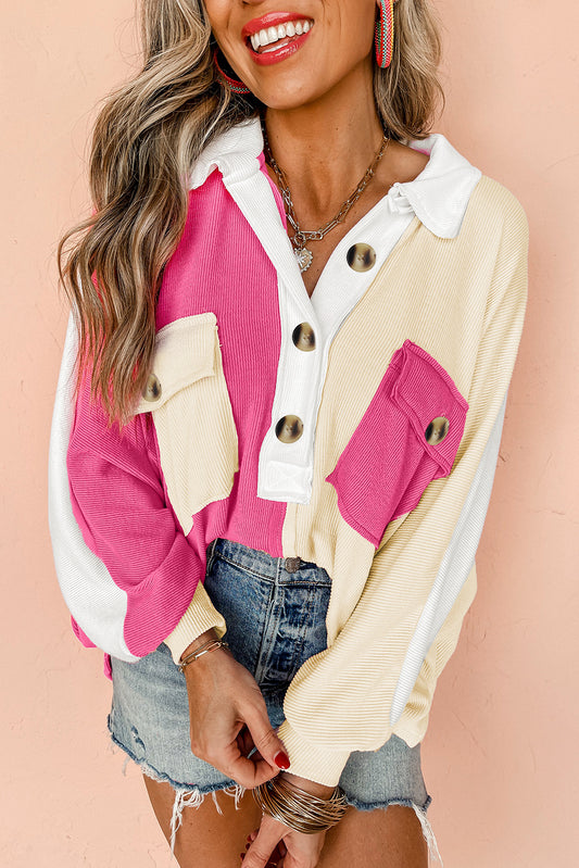 Colorblock Ribbed Oversize  Collared Sweatshirt