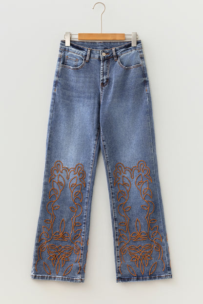 Denim Embroidered Flare Leg Jeans w/ Pockets