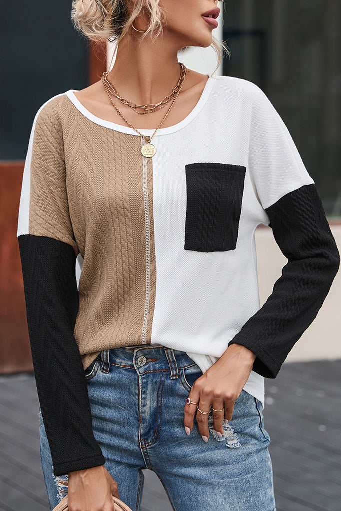 Colorblock Long Sleeve Pocketed Top