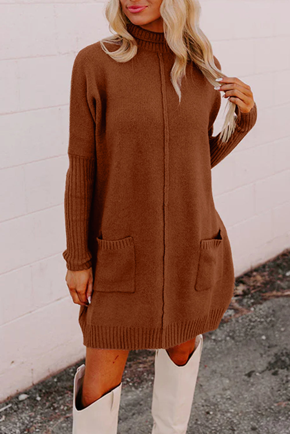 Solid Ribbed Mock Neck Sweater Dress