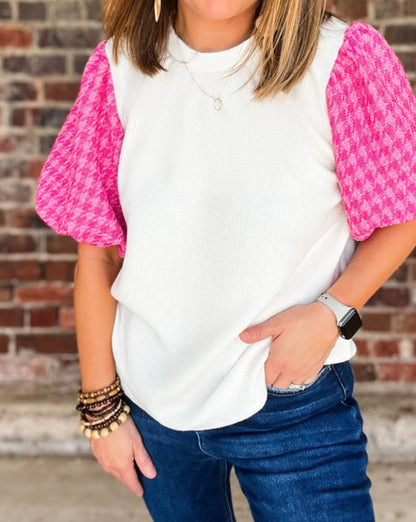 Colorblock Tweed Puff Sleeve Top