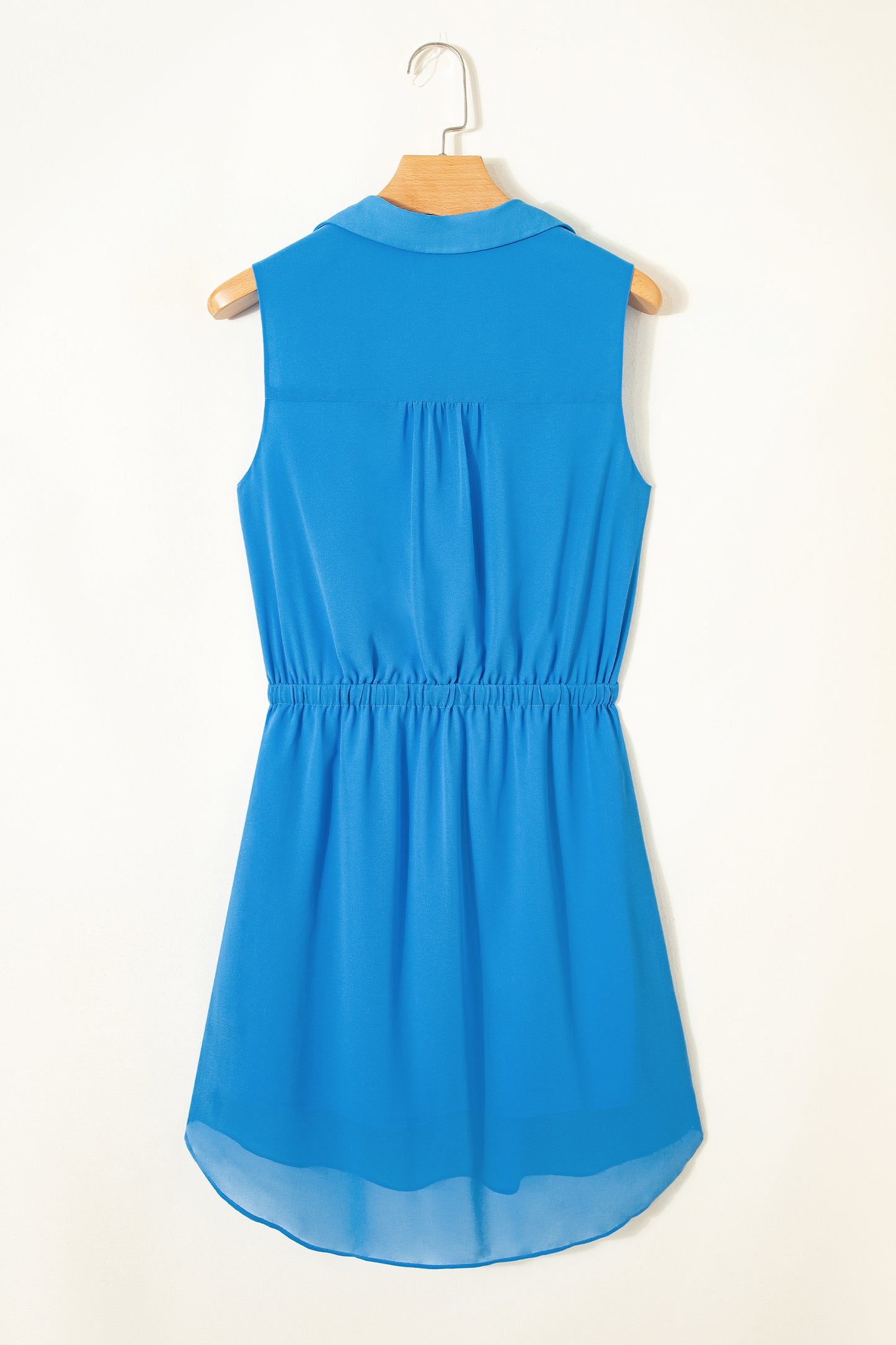 Solid Collared V-Neck Elastic Waist Sleeveless Dress