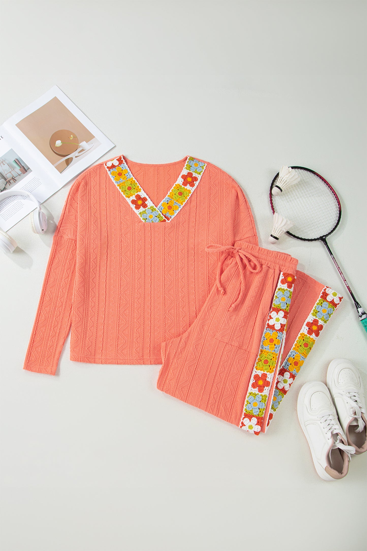 Floral Crochet Trim Textured Top and Pants Set