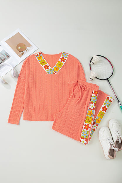 Floral Crochet Trim Textured Top and Pants Set