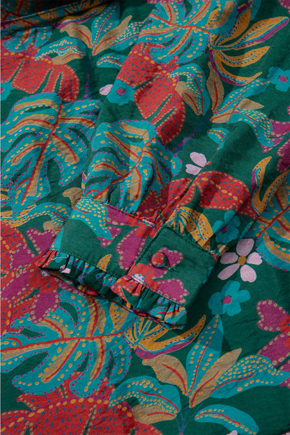 Floral Frilled V-Neck Puff Sleeve Ruffle Shirt Dress