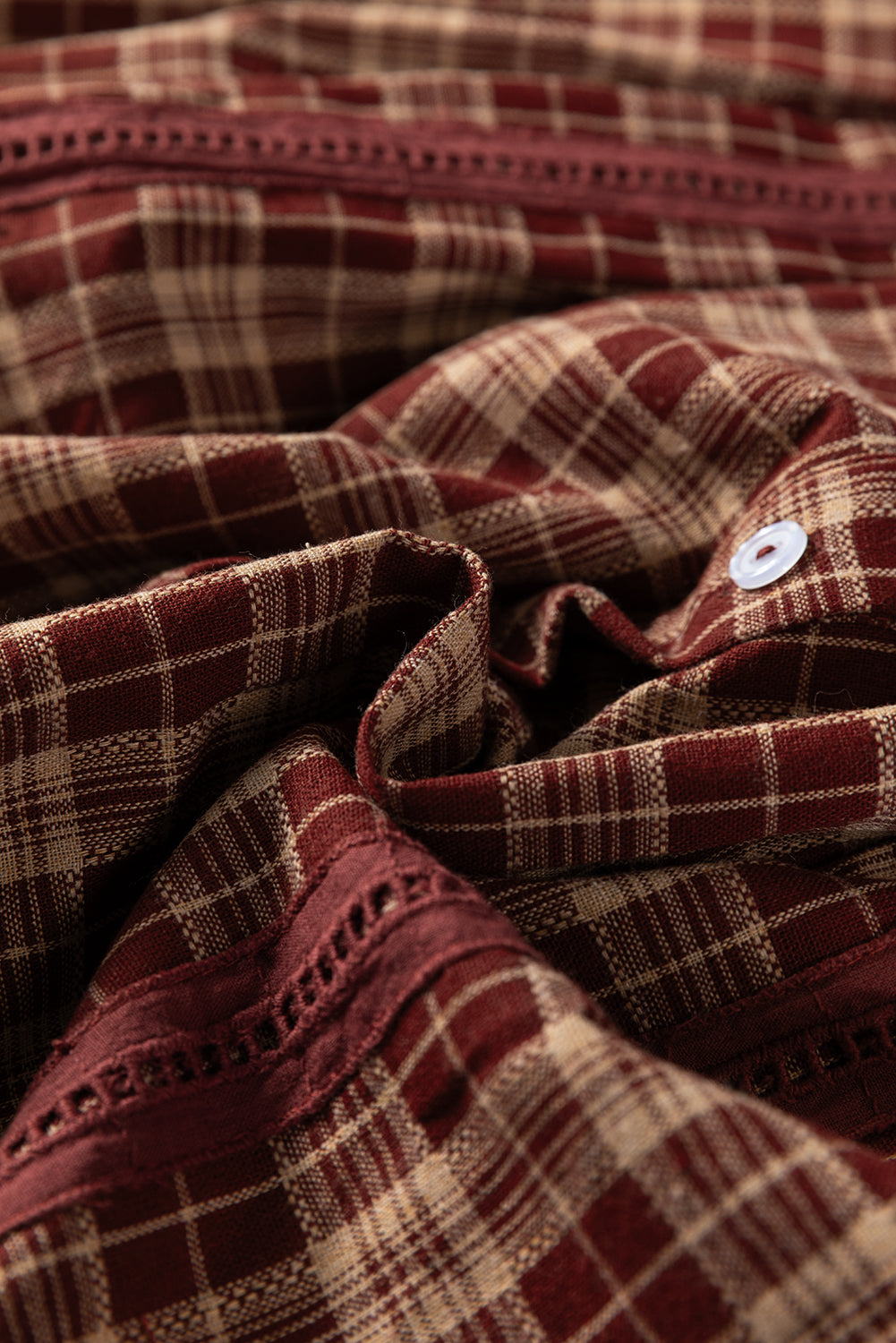 Plaid Eyelet Lace Trim Buttoned Long Sleeve Shirt