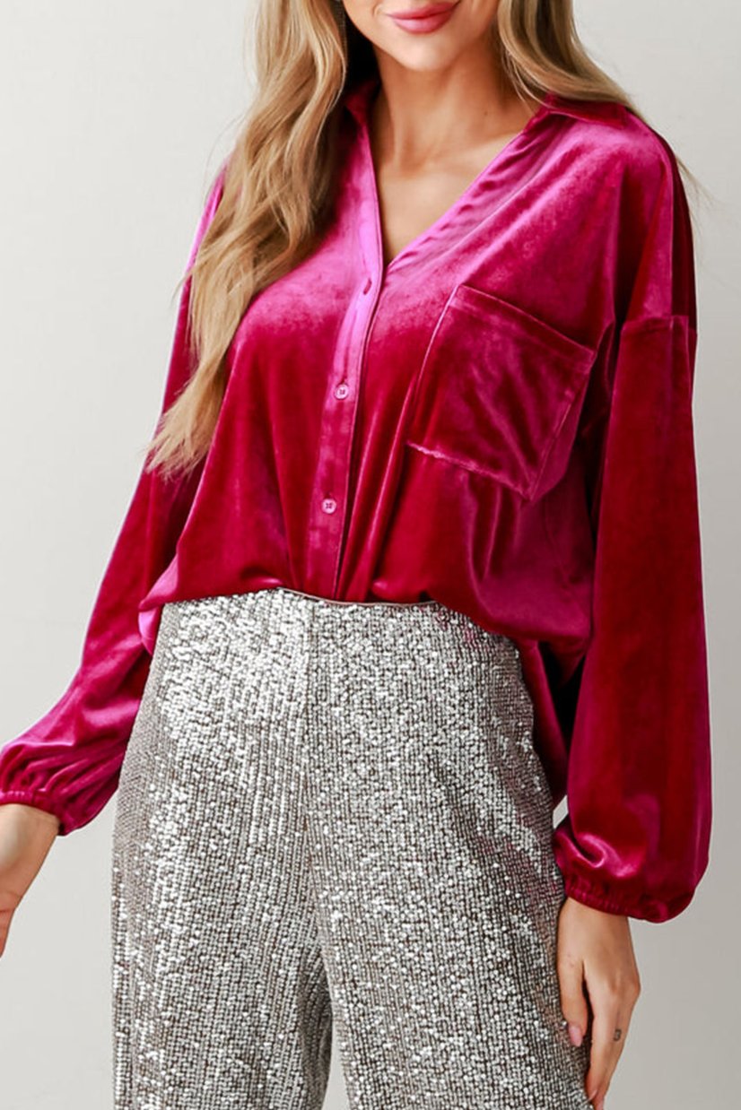 Velvet Buttoned V-Neck Pocketed Shirt