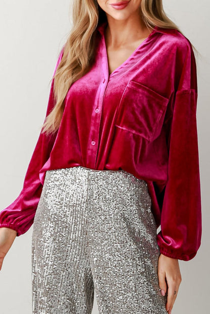 Velvet Buttoned V-Neck Pocketed Shirt