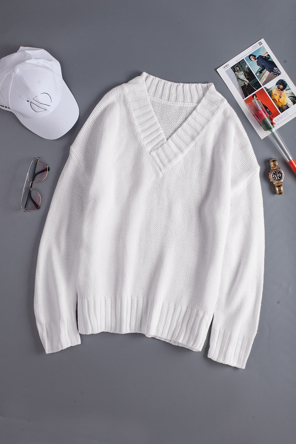 Drop Shoulder V-Neck Sweater