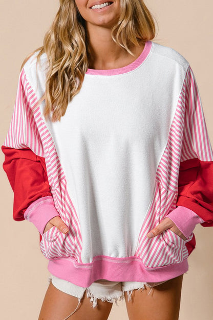 Stripe Batwing Sleeve Pocketed Sweatshirt