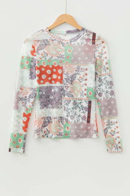 Floral Patchwork Mesh Mock Neck Long Sleeve Top