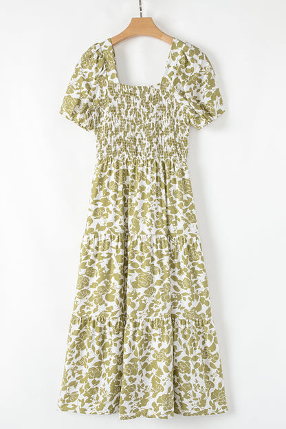 Boho Floral Smocked Square Neck Puff Sleeve Dress
