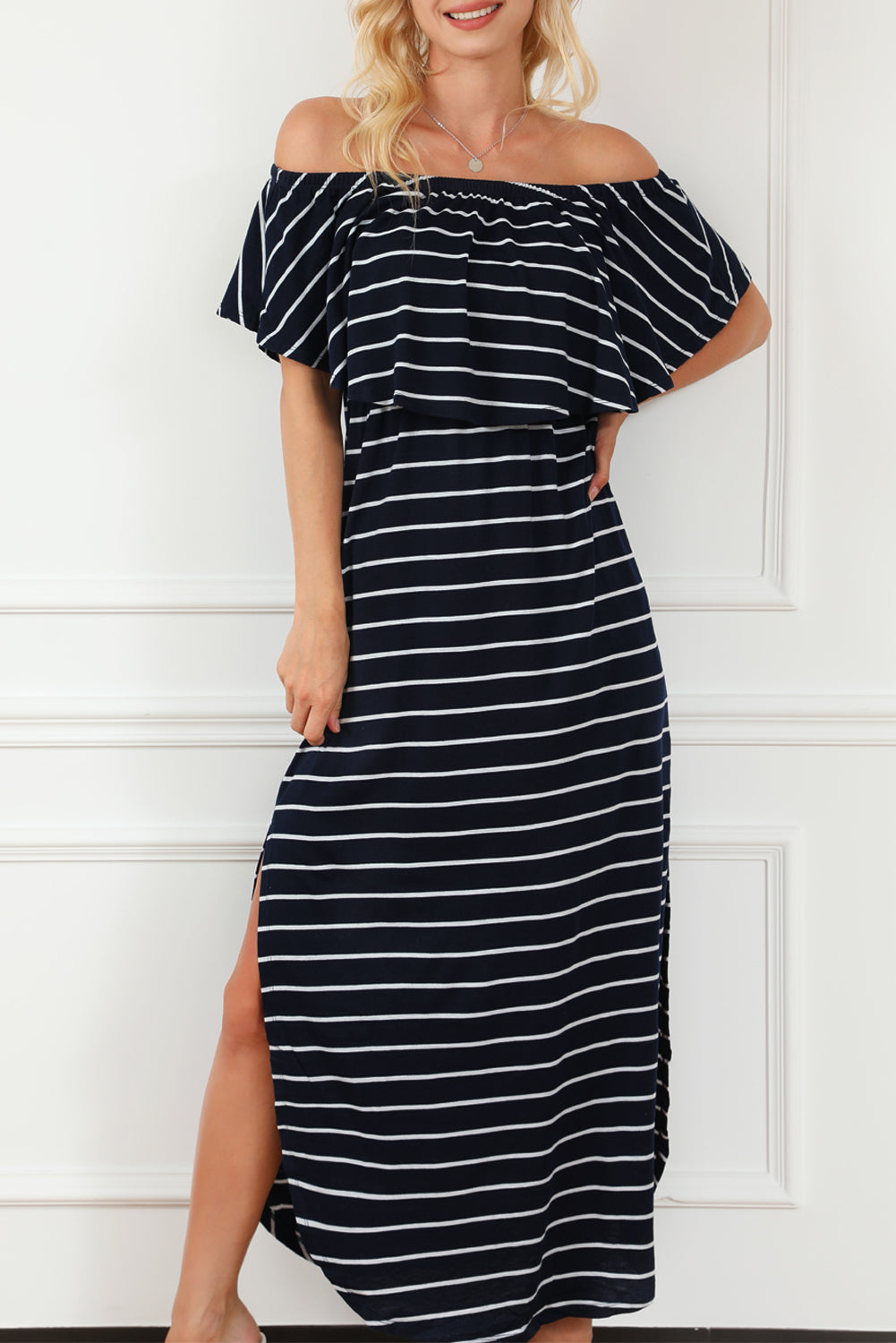 Stripe Off Shoulder Maxi Dress