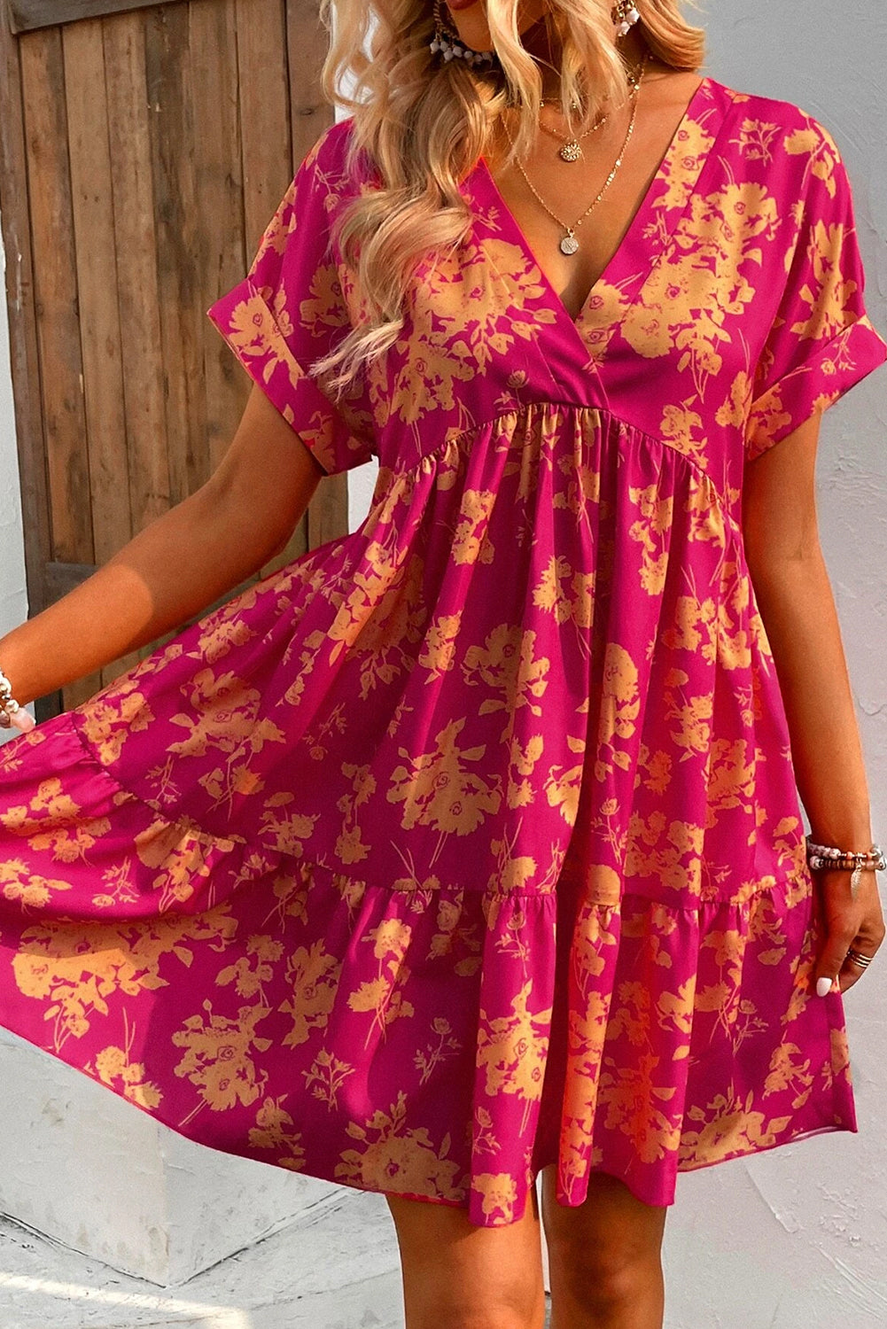 Floral Ruffle Batwing Sleeve Dress