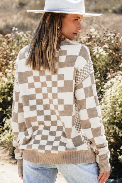 Checker Round Neck Drop Shoulder Sweater