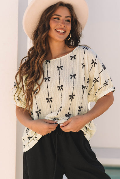 Bow Textured Puff Sleeve Top