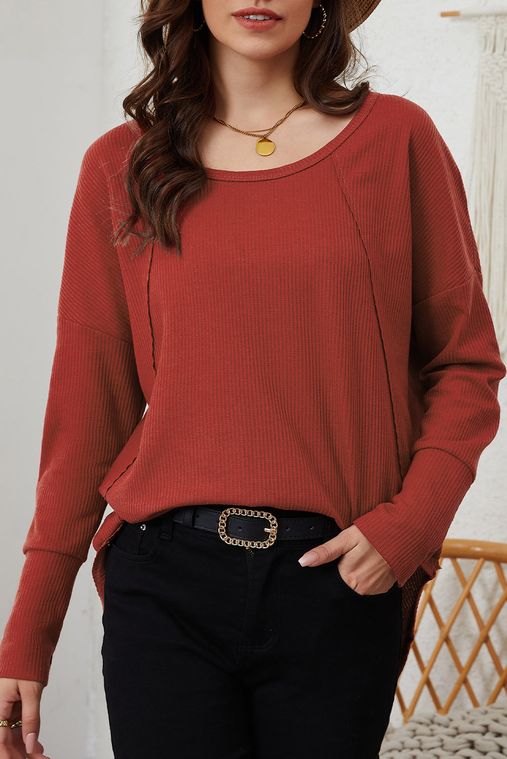 Waffle Pleated Long Sleeve Top