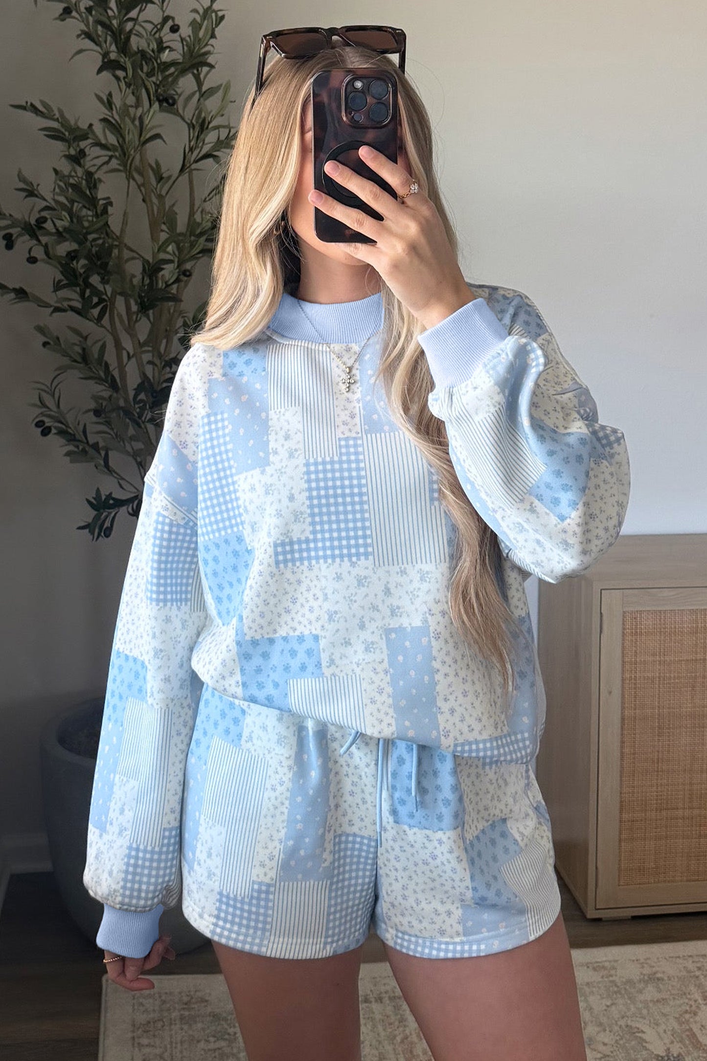 Floral Patchwork Sweatshirt & Drawstring Shorts Set