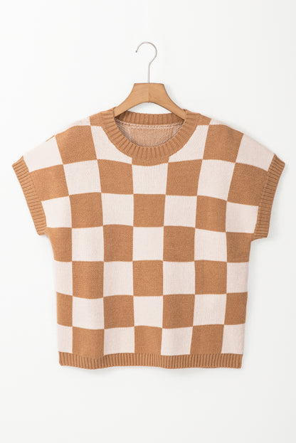Checker Colorblock Ribbed Trim Sweater Knit Top