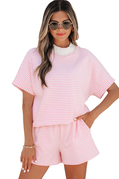 Stripe Contrast Mock Neck Tee & Shorts Set