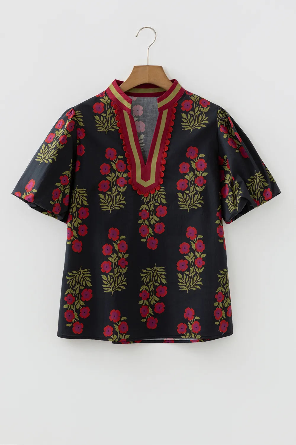 Floral Contrast Slit V-Neck Short Bubble Sleeve Blouse