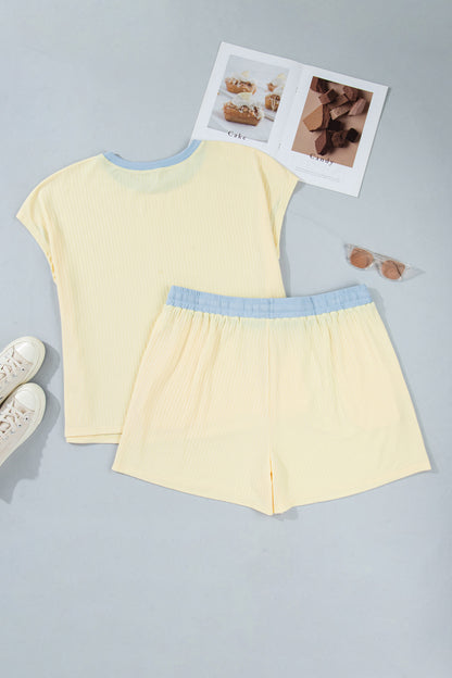 Plus Size Colorblock Ribbed Top & Drawstring Shorts Set