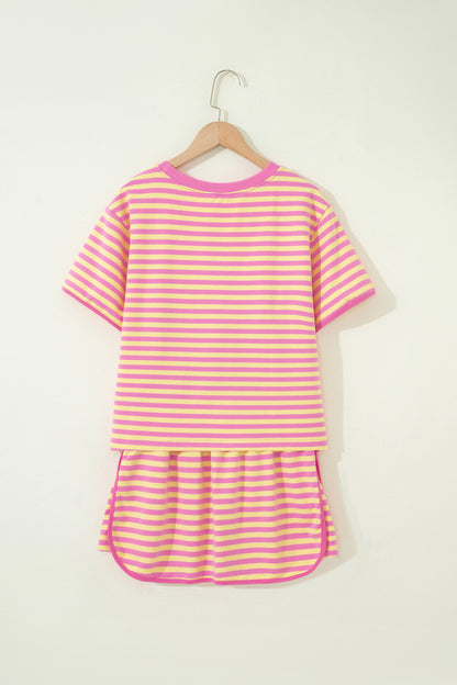 Stripe Contrast Trim Short Sleeve Top & Skirt Set