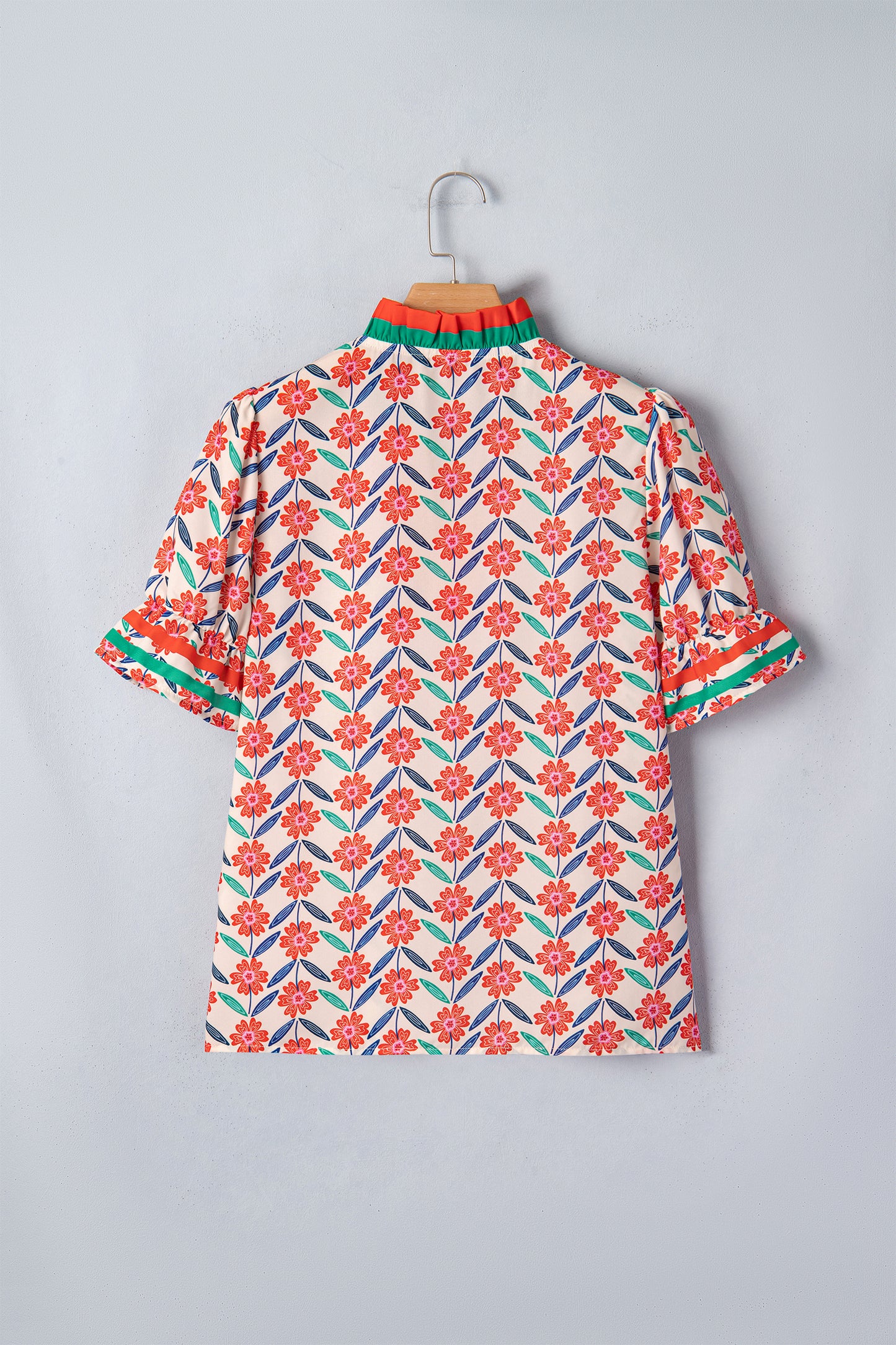 Floral Stripe Detail V-Neck Ruffle Sleeve Blouse