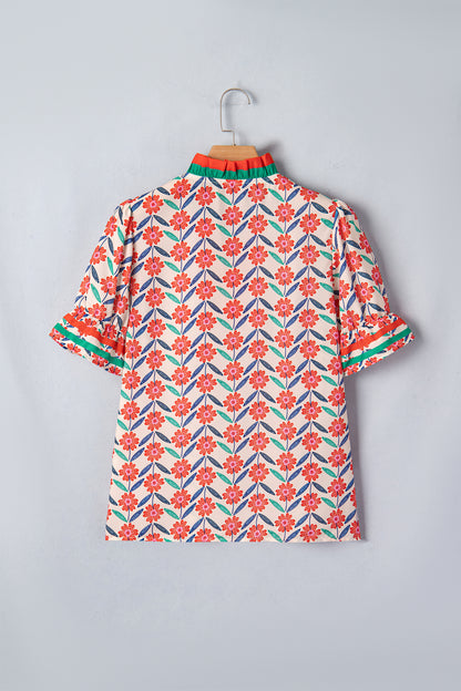 Floral Stripe Detail V-Neck Ruffle Sleeve Blouse