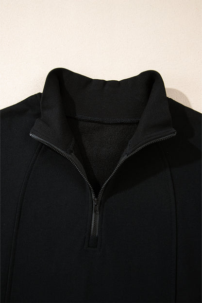 Solid Zipped Neck Drop Shoulder Sweatshirt