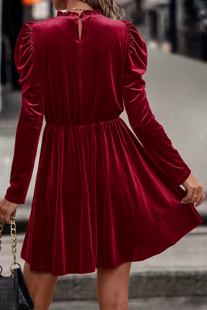 Velvet Ruched Puff Sleeve Dress