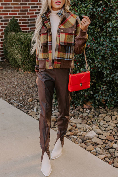 Plaid Button Stand Neck Jacket