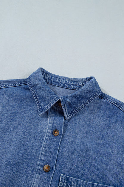 Denim Chest Pocket 3/4 Sleeve Loose Buttoned Shirt