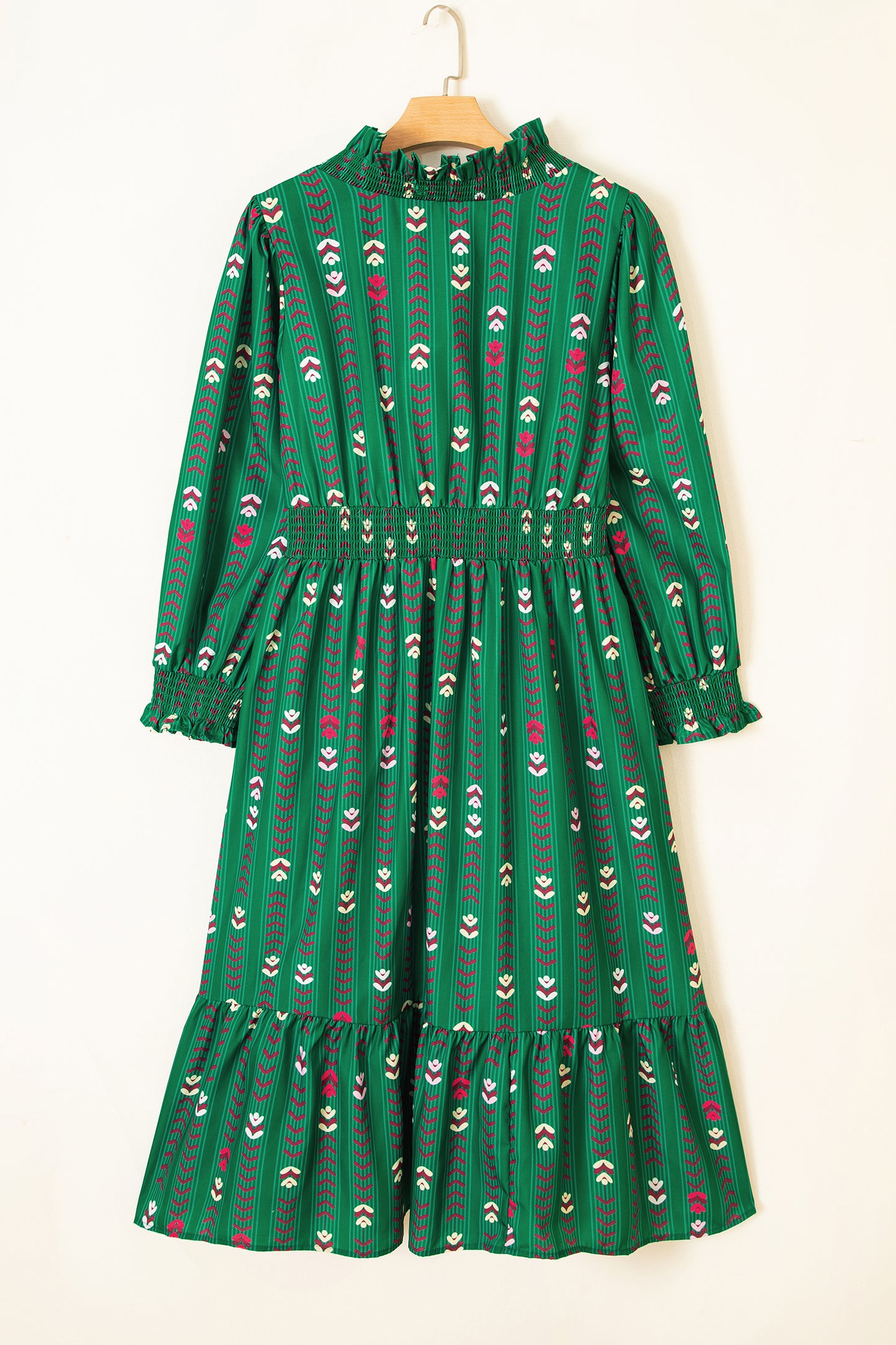 Plus Size Floral Ruffle V-Neck Long Sleeve Midi Dress
