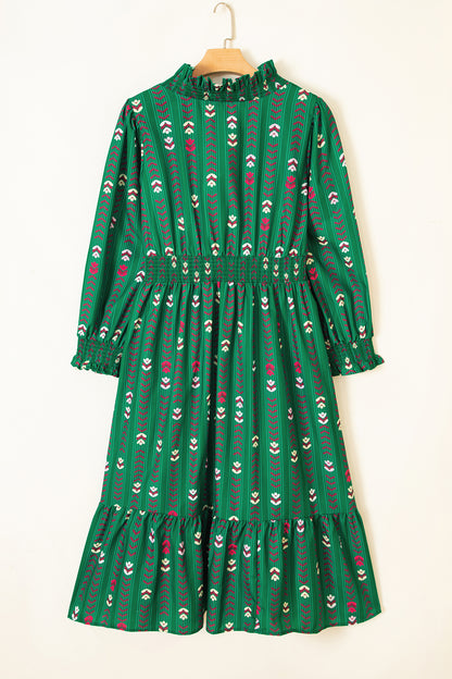 Plus Size Floral Ruffle V-Neck Long Sleeve Midi Dress