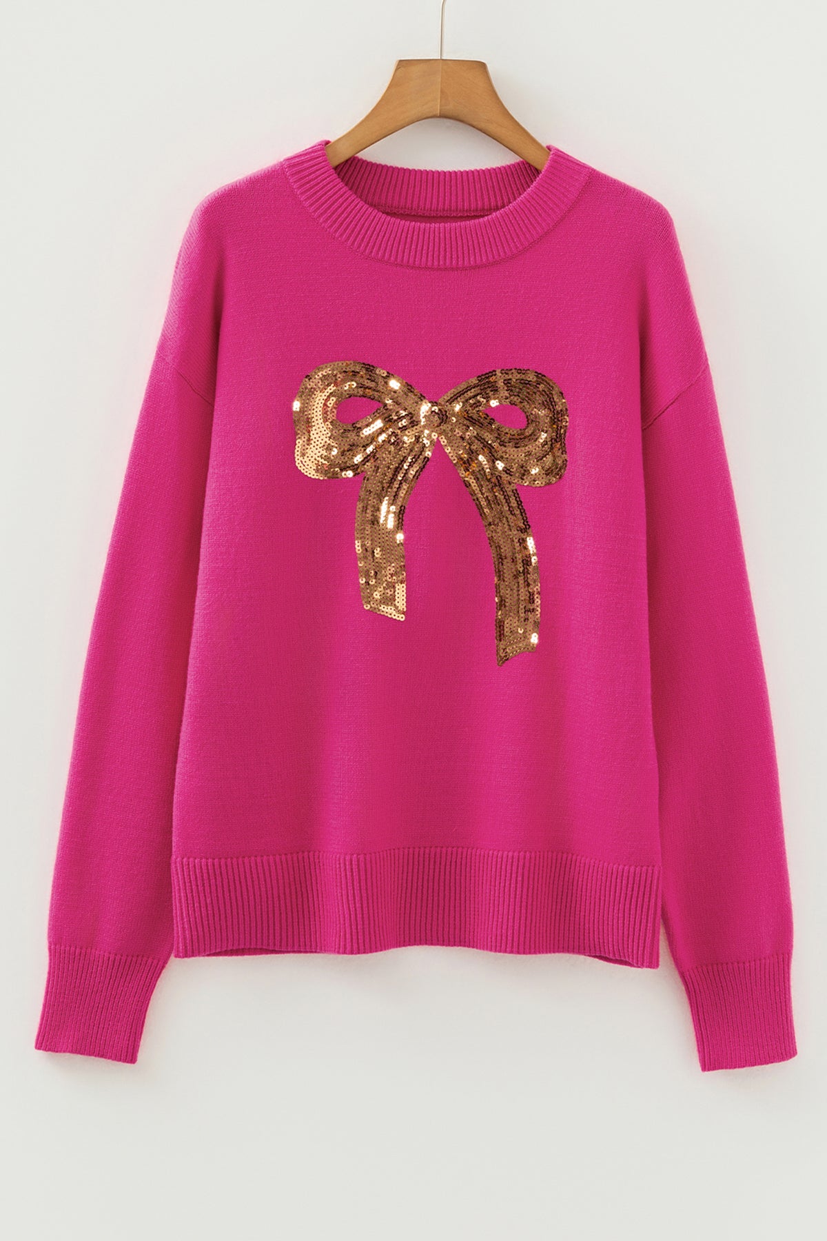 Christmas Sequin Bow Ribbed Trim Sweater