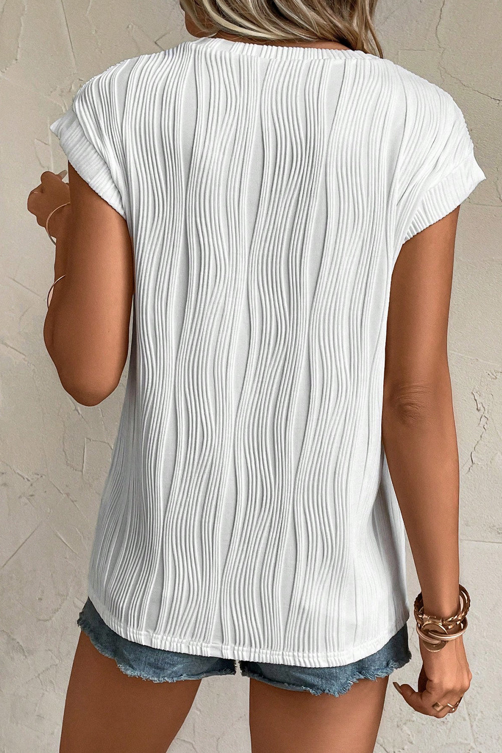 Wavy Texture Cap Sleeve Top