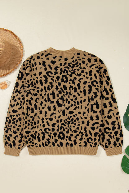 Leopard Ribbed Trim Crewneck Drop Shoulder Sweater