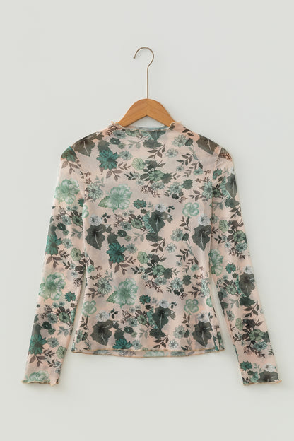 Floral Mesh Mock Neck Long Sleeve Top