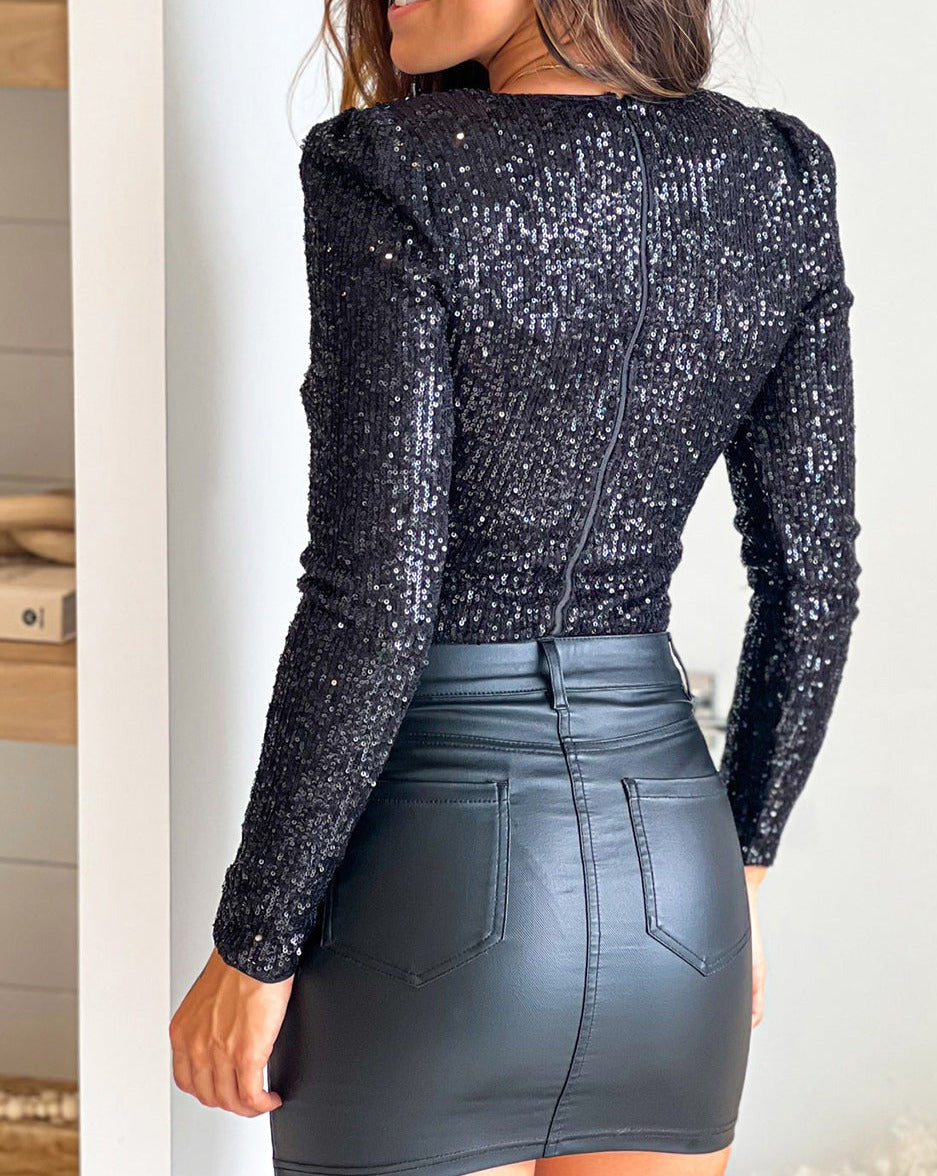 Sequin Zipped Long Sleeve Bodysuit