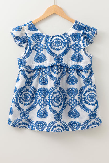 Boho Embroidered Flutter Sleeve Crew Neck Blouse