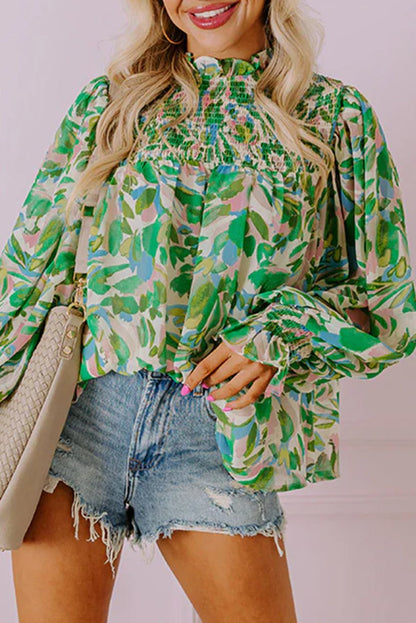 Abstract Floral Flounce Sleeve Blouse