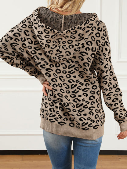 Leopard Knit Drawstring Hooded Sweater