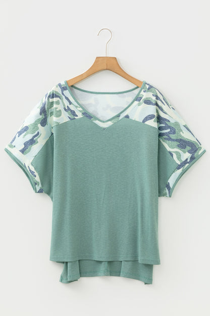 Plus Size Camo Patchwork Ribbed V-Neck Tee