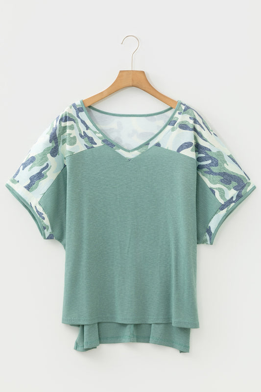 Plus Size Camo Patchwork Ribbed V-Neck Tee