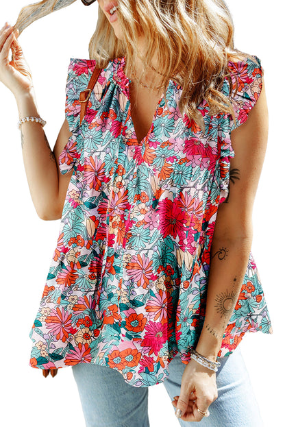 Floral Spaghetti Tie Ruffle Tank Top